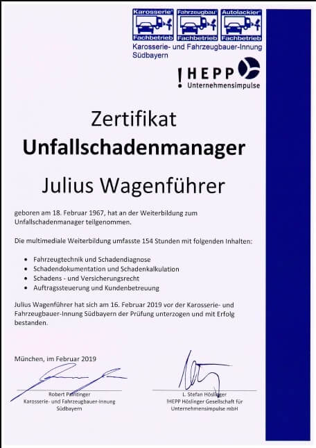 Zertifikate von Julius Wagenführer aus München